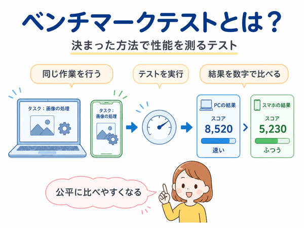 ベンチマークテストとは同じ作業を行い結果を数字で比べるテストであることを示す図