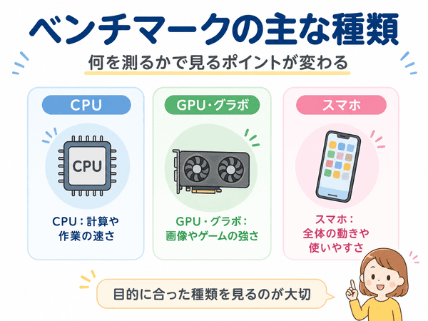 CPU・GPU・スマホなどベンチマークの主な種類と見るポイントを示す図