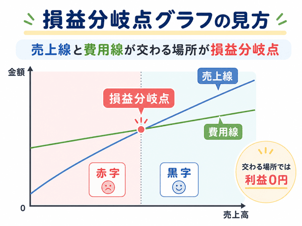 損益分岐点グラフで売上線と費用線が交わる場所を説明する図
