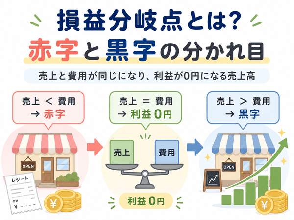 損益分岐点とは赤字と黒字の分かれ目であることを説明する図