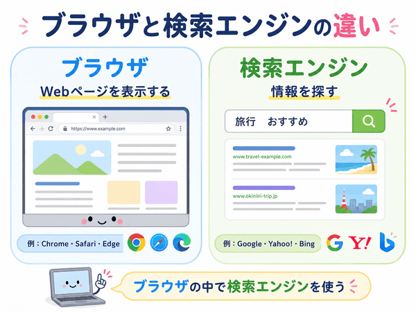 ブラウザはWebページを表示し、検索エンジンは情報を探す仕組みである違いを説明した図解