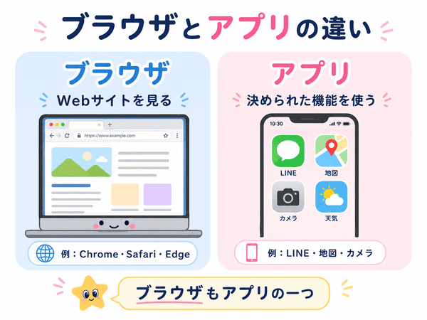 ブラウザはWebサイトを見るために使い、一般的なアプリは決められた機能を使う違いを説明した図解