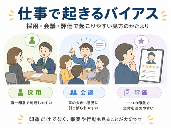 採用、会議、評価で起きやすいバイアスを解説した図