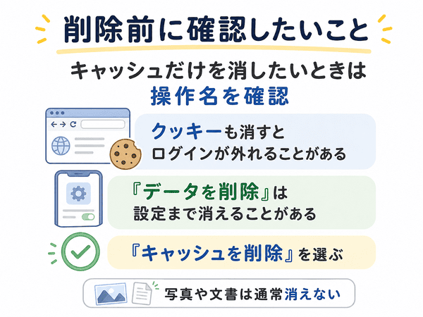 キャッシュ削除前に確認したいこととして、クッキーやデータ削除との違いを説明した図