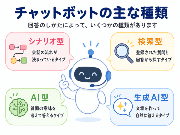 シナリオ型、検索型、AI型、生成AI型のチャットボットの種類