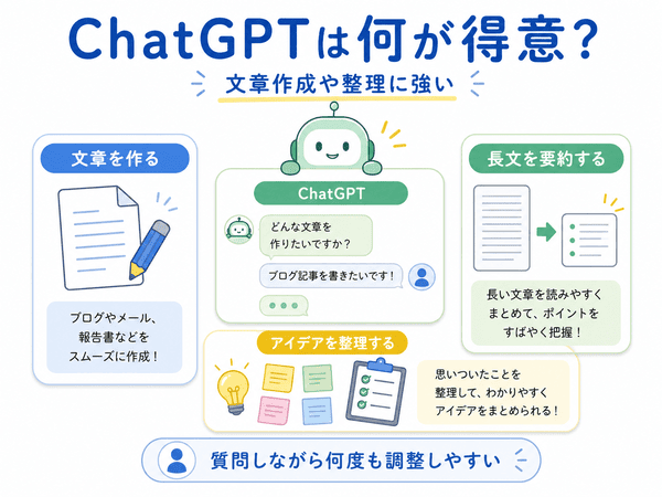 ChatGPTが文章作成、長文の要約、アイデア整理を支援する様子