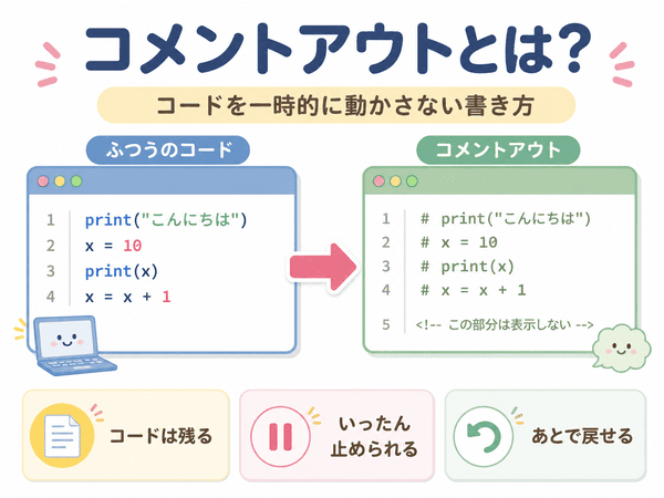 コメントアウトとはコードを一時的に動かさない書き方であることを解説