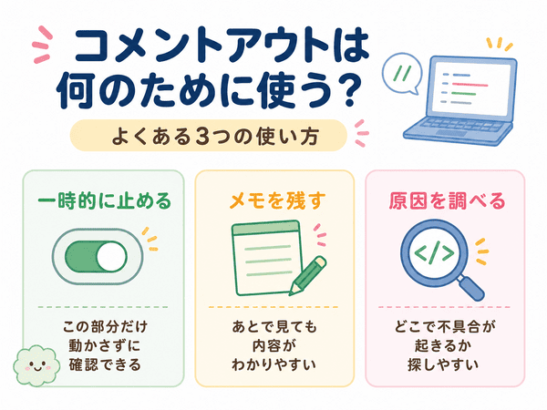 コメントアウトを使う目的として一時停止、メモ、原因調査を解説