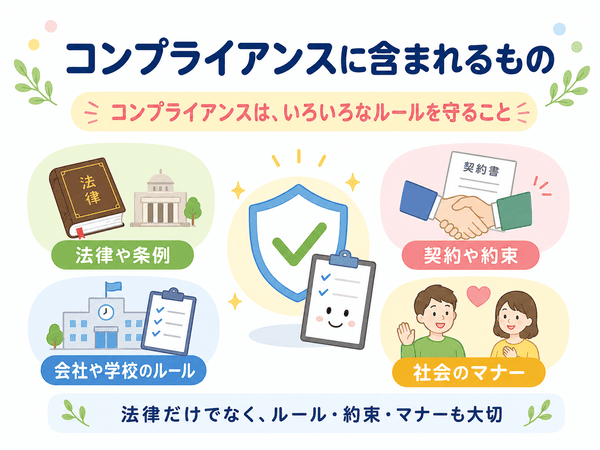 コンプライアンスには法律や条例、会社や学校のルール、契約や約束、社会のマナーが含まれることを示した図