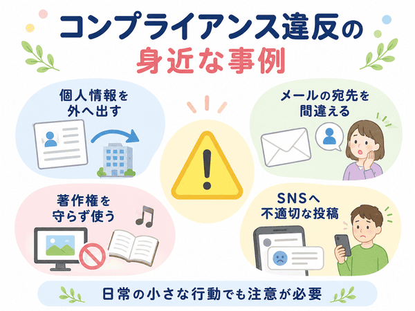 個人情報の持ち出し、メールの宛先間違い、著作権違反、SNSの不適切な投稿を示した図