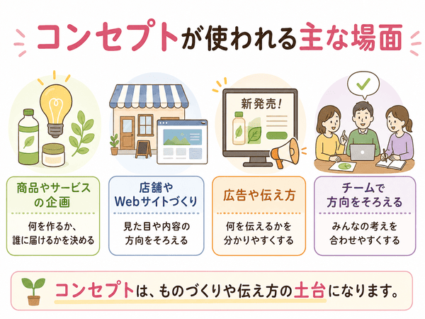 コンセプトが商品企画や店舗、Webサイト、広告で使われる場面を示す図