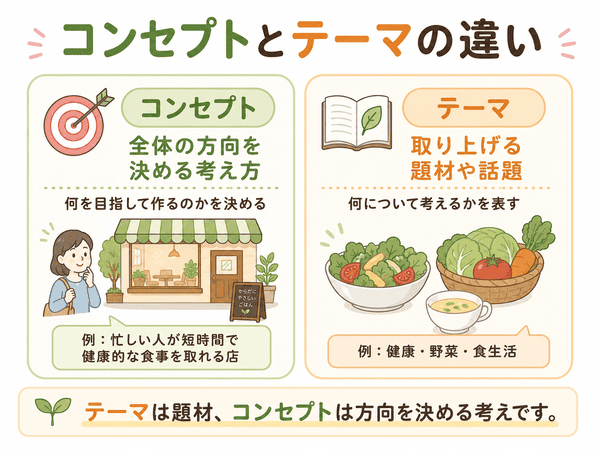 コンセプトは全体の方向、テーマは取り上げる題材だと示す比較図
