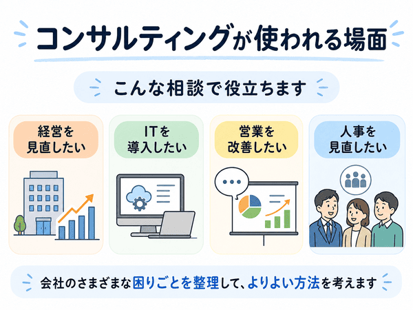 コンサルティングが使われる場面を、経営・IT・営業・人事の相談例で説明した図
