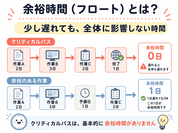 クリティカルパスは余裕時間がゼロになることを解説した図