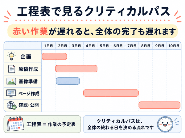 工程表で赤い作業がクリティカルパスになることを解説した図