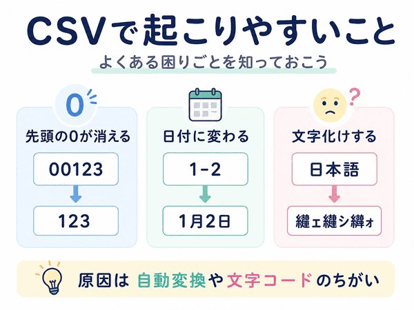 CSVで起こりやすい困りごととして、先頭の0が消える、日付に変わる、文字化けする例を示した図