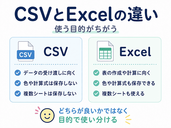 CSVとExcelの違いを、用途と保存できる内容で比較した図