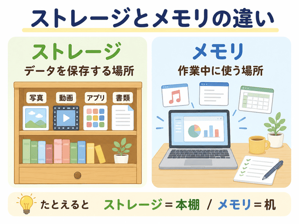 ストレージはデータを保存する場所、メモリは作業中に使う場所