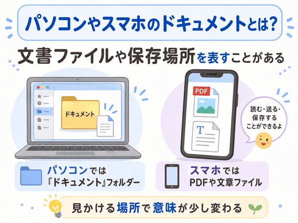 パソコンではドキュメントフォルダー、スマホではPDFや文章ファイルを指すことを示す図