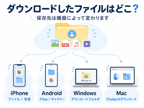 ダウンロードしたファイルの保存先をiPhone・Android・Windows・Mac別に説明した図