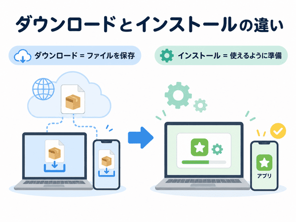 ダウンロードはファイルを保存しインストールは使えるように準備する違いを説明した図