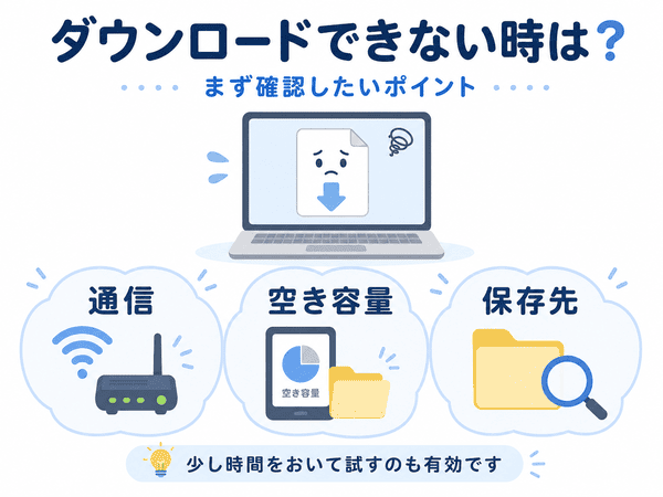 ダウンロードできない時に通信・空き容量・保存先を確認することを説明した図