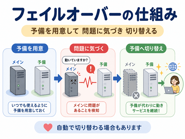 フェイルオーバーの仕組み。予備を用意し、問題に気づき、予備へ切り替える流れ