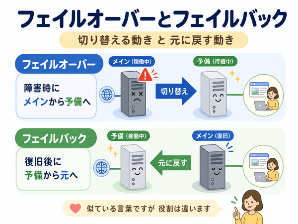 フェイルオーバーとフェイルバックの違い。障害時は予備へ切り替え、復旧後は元へ戻す