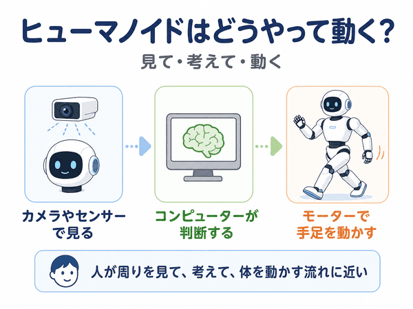 ヒューマノイドがカメラやセンサーで見てコンピューターで判断しモーターで動く流れ