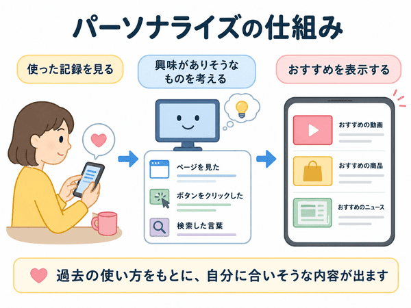 パーソナライズの仕組みとして使った記録からおすすめが表示される流れを説明する図
