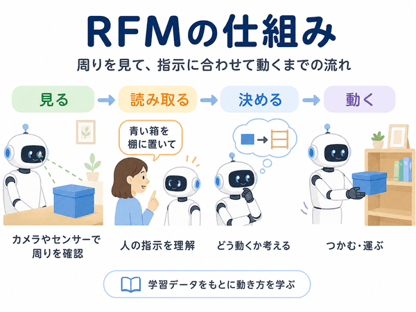 RFMの仕組みを、見る・読み取る・決める・動くの流れで説明した図解