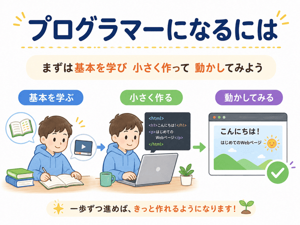 プログラマーになるには、基本を学び、小さく作って動かしてみることが大切
