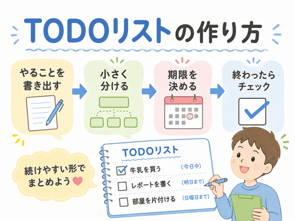 TODOリストを作る手順を、書き出す、分ける、期限を決める、チェックする流れで説明する図