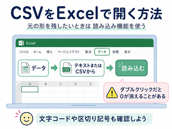 CSVをExcelで開くときは、読み込み機能を使うと分かる手順図
