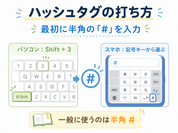 パソコンとスマホで半角のハッシュタグ記号を入力する方法を示した画像