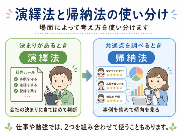 演繹法と帰納法の使い分けを、決まりがあるときと共通点を調べるときの例で説明した図解