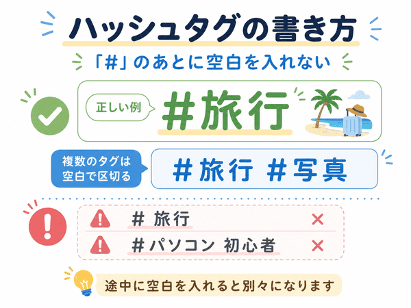 ハッシュタグは半角のシャープ記号の後に空白を入れずに書くことを示した画像