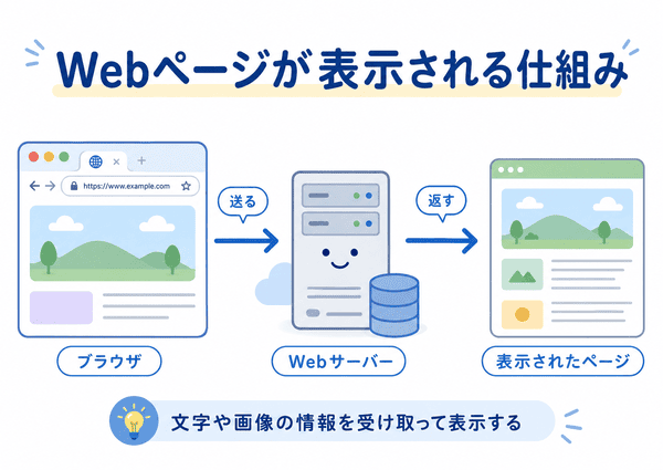 ブラウザがWebサーバーから文字や画像の情報を受け取り、Webページを表示する流れ