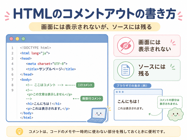 HTMLのコメントアウトは画面に表示されないがソースに残ることを解説