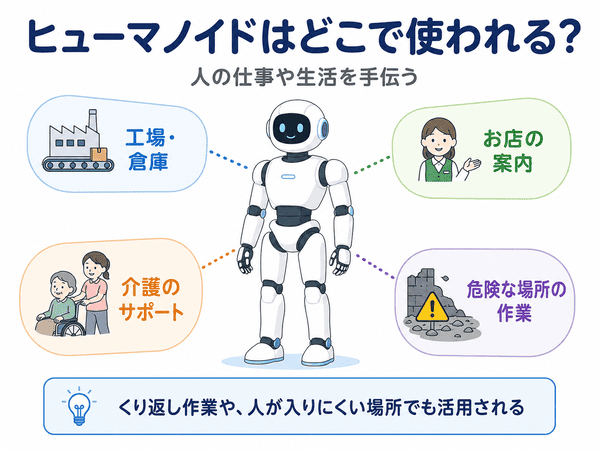 ヒューマノイドが工場や倉庫、店の案内、介護、危険な場所で使われる例