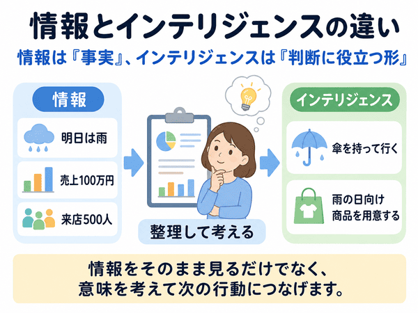 情報とインテリジェンスの違いを初心者向けに説明した図解