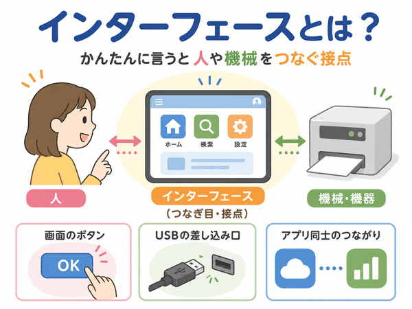 インターフェースとは人や機械をつなぐ接点であることを説明した図解