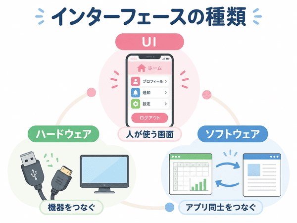 UI・ハードウェア・ソフトウェアの3種類のインターフェースを説明した図解