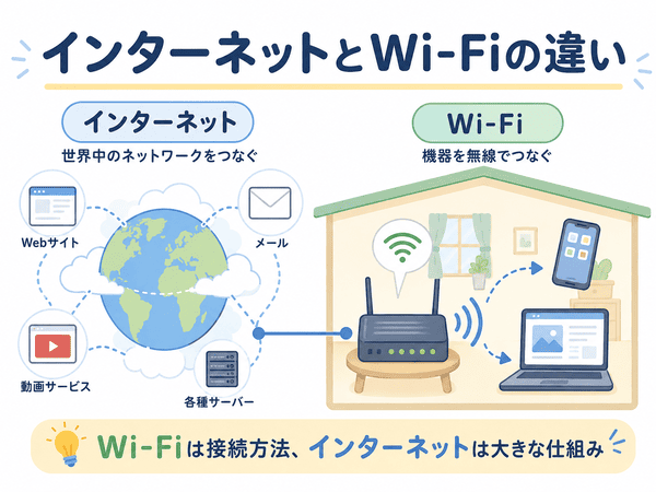 インターネットは世界中をつなぐ仕組みでWi-Fiは機器を無線でつなぐ方法であることを示した図