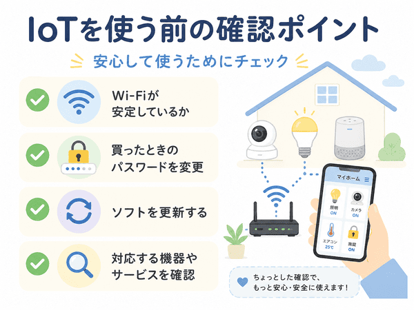 IoTを使う前の確認ポイントとして、Wi-Fiの安定、パスワード変更、ソフト更新、対応機器の確認を示した図