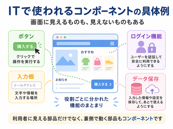 ITで使われるコンポーネントの具体例としてボタン、入力欄、ログイン機能、データ保存を示す図