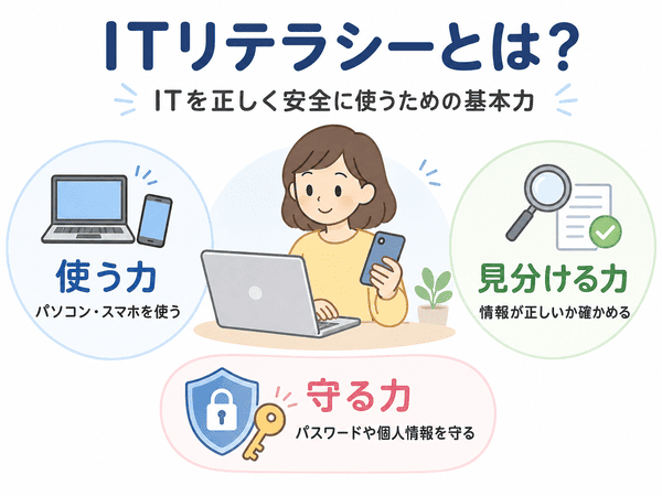 ITリテラシーとは、使う力・見分ける力・守る力を含む基本力であることを説明した図
