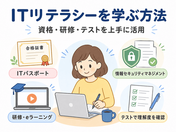 ITリテラシーを学ぶ方法として、資格・研修・eラーニング・テストを活用する流れを説明した図