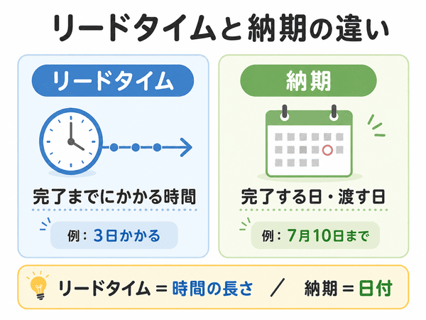 リードタイムと納期の違いを時間の長さと日付で比較した図