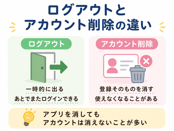 ログアウトとアカウント削除の違いを初心者向けに説明した図